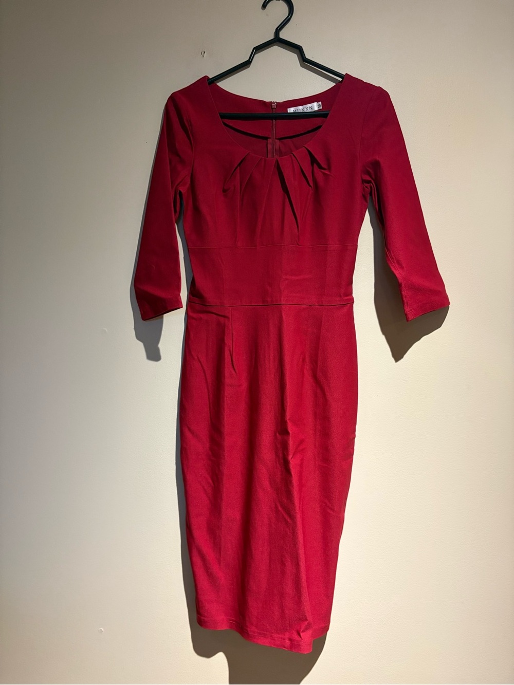 Muxxn Retro Style Pleated Neckline Pencil Dress Red Size Medium Stretch Minimal